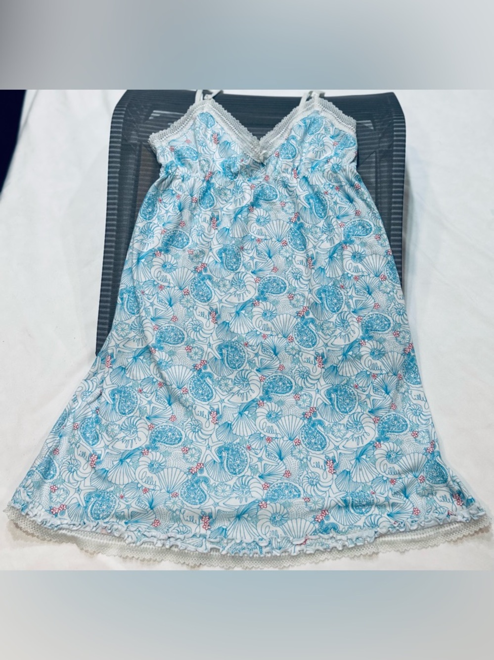 Lilly Pulitzer Shell Me Something Good Blue Shell Pajama Dress Nightgown Sz L